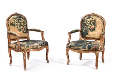 pair of louis xvi style carved wood armchairs with tapestry upholstered seats