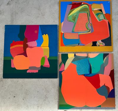 three paintings of a woman sitting on a chair in front of a wall