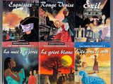 six books in french are shown on a gray background