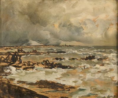 une image représentant un tableau d'une plage avec des vagues venant s'écraser sur le rivage