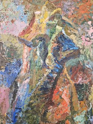 an oil painting of a man riding a horse in a field of flowers