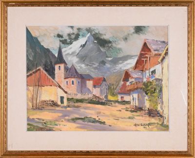 an image of a painting of a village with a mountain in the background