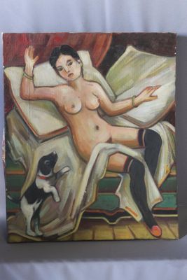 Max TOUTAIN (1935-2006), "Nu aux bas noirs", huile sur toile…