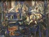 un tableau représentant un homme assis sur une chaise dans une pièce