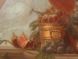 a painting of a still life with fruit and a vase