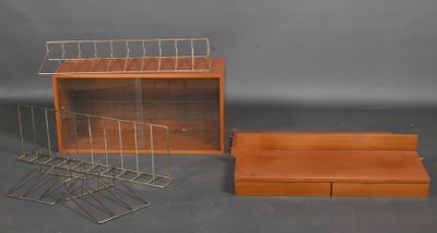 two wooden boxes and a wire rack on a gray background