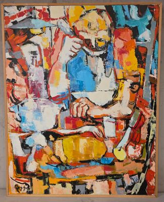 tableau représentant un homme assis à une table devant un tableau
