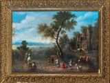 painting of a landscape with people and animals in a wooded setting