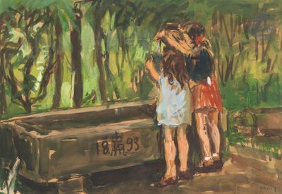 un tableau représentant deux jeunes filles debout près d'un banc