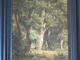 tableau représentant une scène forestière avec un homme et un chien dans les bois