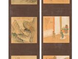 two panels of asian paintings of mountains and trees on a wall