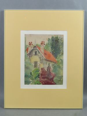 une image représentant un tableau d'une maison au toit rouge, dans un cadre jaune