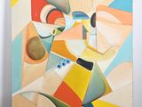 an abstract painting of a vase and a vase on a table