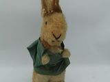 a small stuffed rabbit that is wearing a green shirt