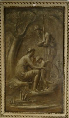 tableau représentant un homme et une femme assis sur un rocher dans un environnement boisé