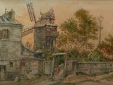 painting of a windmill and a building in a rural setting