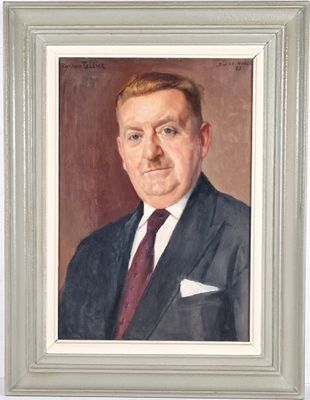 painting of a man in a suit and tie in a white frame