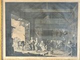 an old picture of a painting of people in a barn