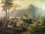 peinture représentant un paysage avec un château au milieu d'une vallée