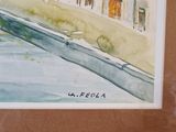 a picture of a painting of a town by the water