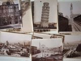 several old black and white photographs of buildings and a clock tower