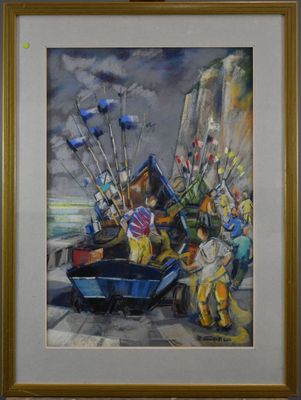 JP FOUACHE (XXème) - La Débarque du poisson Pastel sur papie…