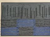 a drawing of a black and blue painting on a white wall