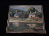 une image d'une peinture d'une maison au bord de l'eau