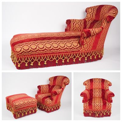 plusieurs photos d'une chaise et d'un pouf rouges et dorés ornés de pompons