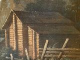 an old painting of a man and a woman in front of a log cabin