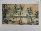 une image représentant un tableau montrant des arbres dans un champ, avec un lac en arrière-plan