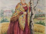 painting of a woman in a red dress standing next to a tree