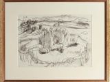drawing of a landscape with a boat in the water and a house in the distance