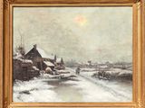a painting of a winter scene with a man walking down a snow covered road