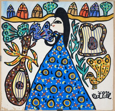 tableau représentant une femme en robe bleue tenant un vase de fleurs