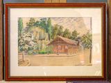 aquarelle encadrée représentant une maison dans un décor champêtre