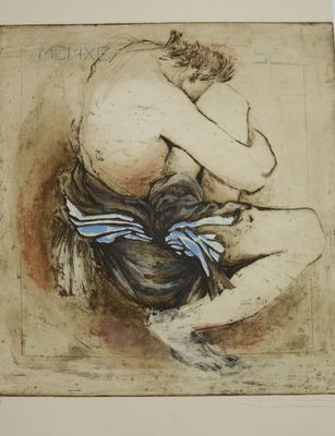 tableau représentant un homme nu portant une cravate bleue autour du cou