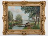 tableau représentant une scène fluviale avec un bateau sur un pont