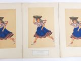 two pictures of a woman carrying a basket of flowers on her head