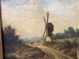 painting of a windmill in a landscape with cows and a horse