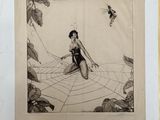 dessin représentant une femme assise sur une toile d'araignée, avec une araignée en arrière-plan