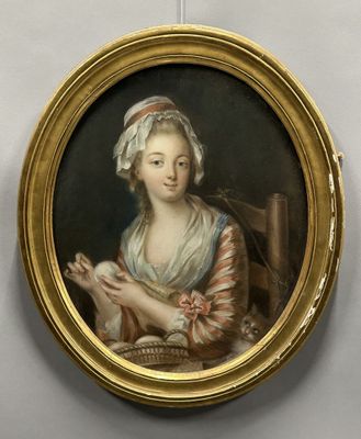 Dans le style de GREUZE - Jeune fille au chat Pastel ovale. - Photo 1