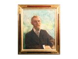 tableau représentant un homme en costume-cravate assis devant un fond vert