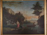 tableau représentant un homme et une femme dans un bateau sur une rivière