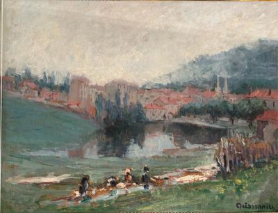 painting of a painting of a river with a bridge in the background