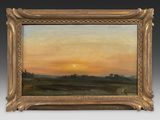 une peinture à l'huile d'un coucher de soleil sur un champ avec des arbres