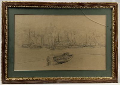 dessin représentant un bateau sur un plan d'eau, avec d'autres bateaux en arrière-plan