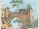 une image d'une peinture représentant un pont sur une rivière