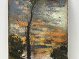 an image of a painting of a tree in a field with a bird flying by