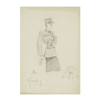 une image représentant le dessin d'une femme en robe et avec un chapeau